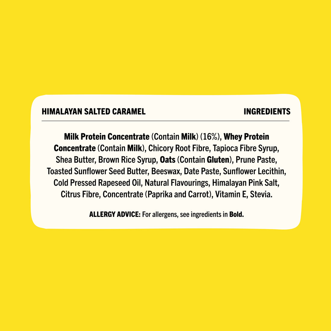 Himalayan Salted Caramel Protein² bar shown with its key ingredients, including milk protein, dates and pink salt