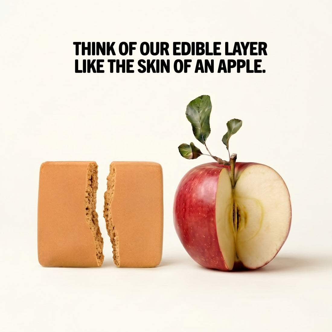 Himalayan Salted Caramel Protein² bar next to an apple – its beeswax coating works like an apple's skin, no plastic wrapper