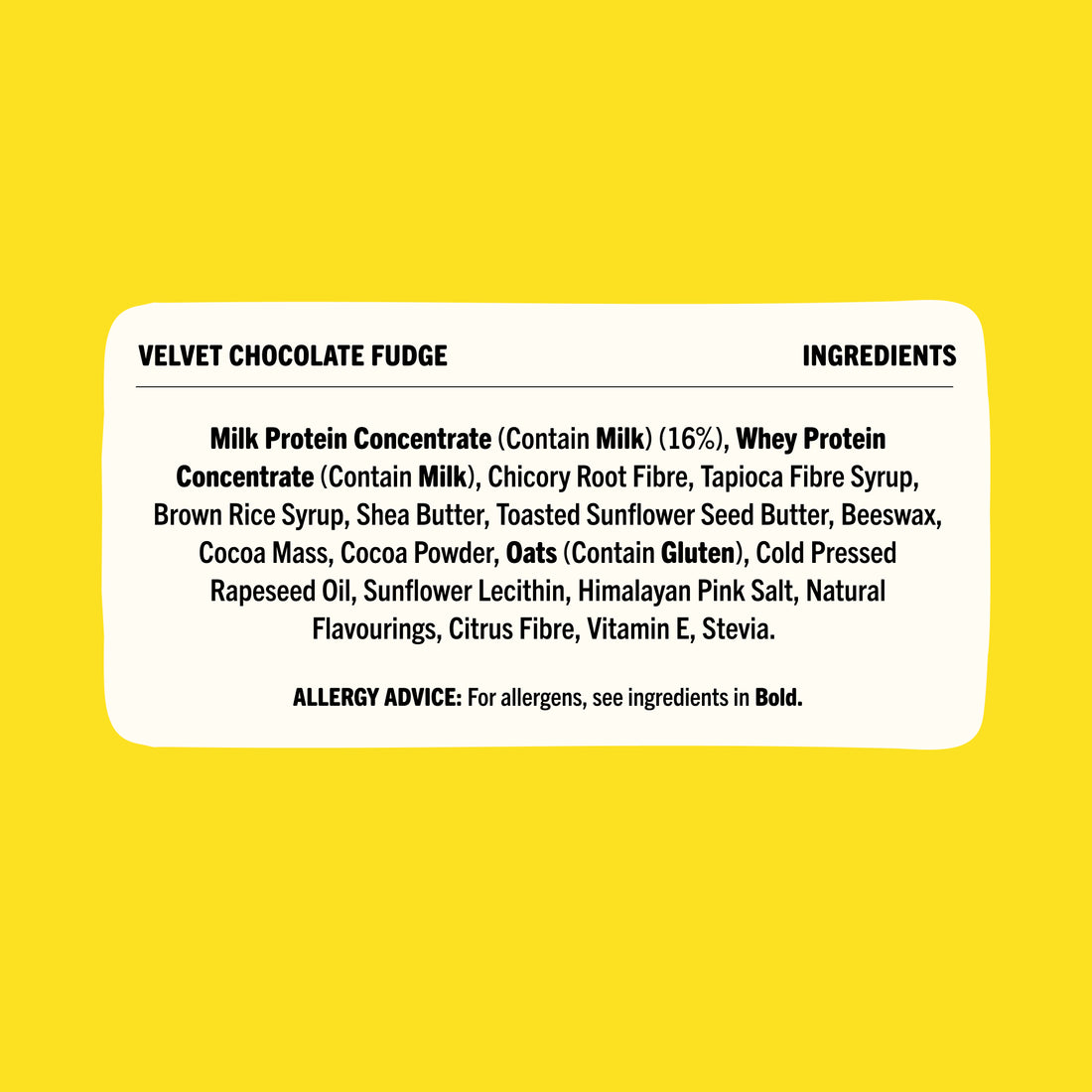 Velvet Chocolate Fudge Protein² bar shown with its key ingredients, including milk protein, cocoa and oats